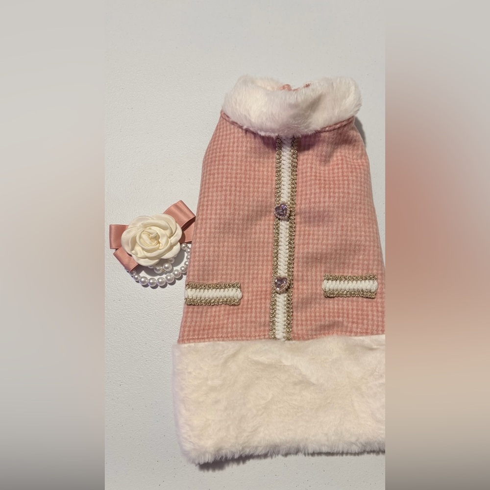 Elegant Pink Dog or Cat Fancy Jacket Coat Dress Outfit with Pearls and Faux Fur - Picture 12 of 15